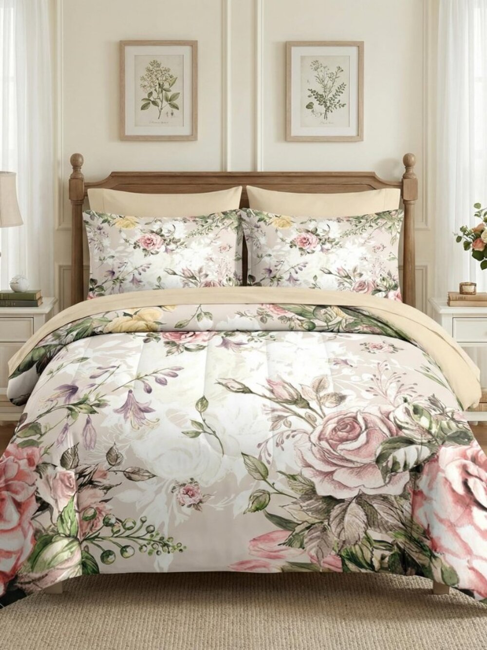 Queen Comforter Set with Sheets, 7 Pieces Vintage Flower Bedding